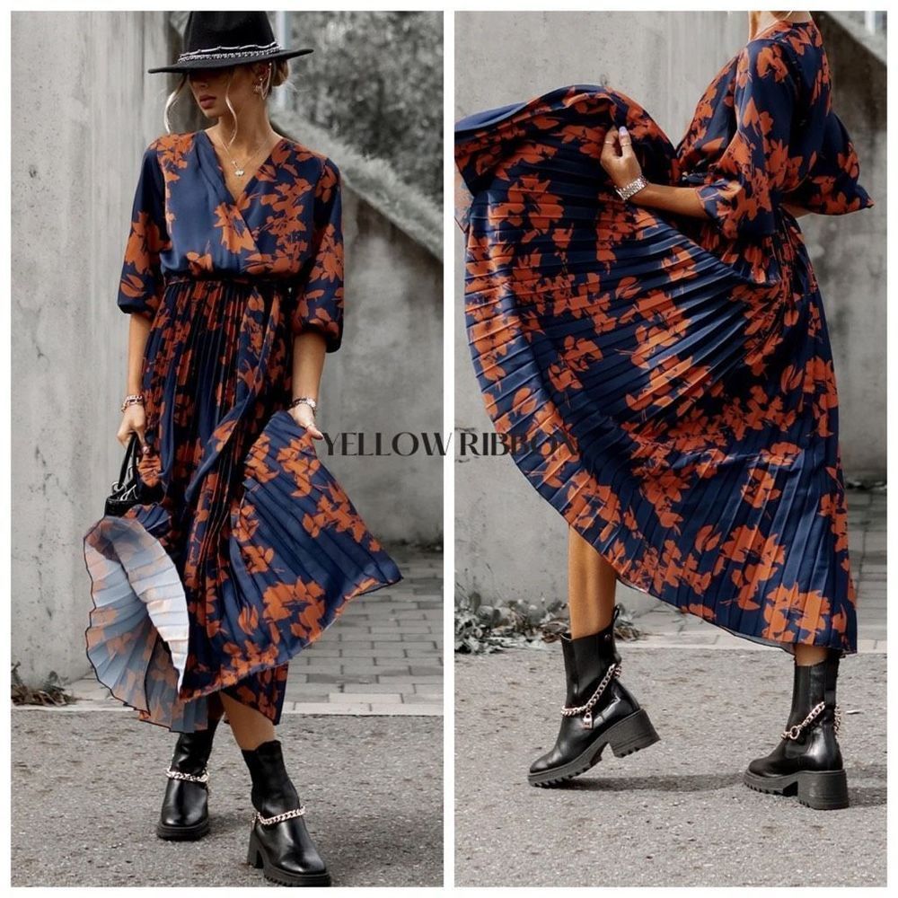 NEW Orange V Neck Wrap Pleated Maxi Floral Dress with Tie / Boho Floral Dresss